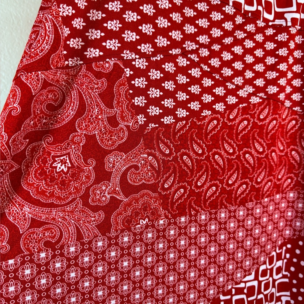 Geometric Patchwork Stretch NYCC Red White Midi Skirt Large Boho Floral Retro - Picture 2 of 5